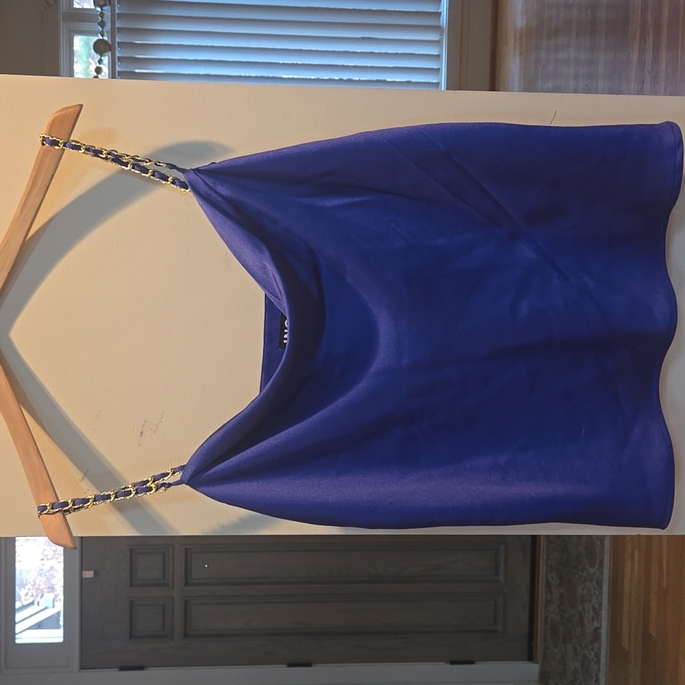 INC  Blue Satin Finish Blouse with Gold Chain spaghetti Straps Sz L